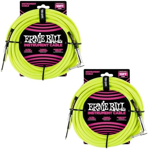 Ernie Ball Braided Instrument Cable Set Straight/Angle Length 10ft in Neon Yellow (P06080) - Pack of 2 Ernie Ball