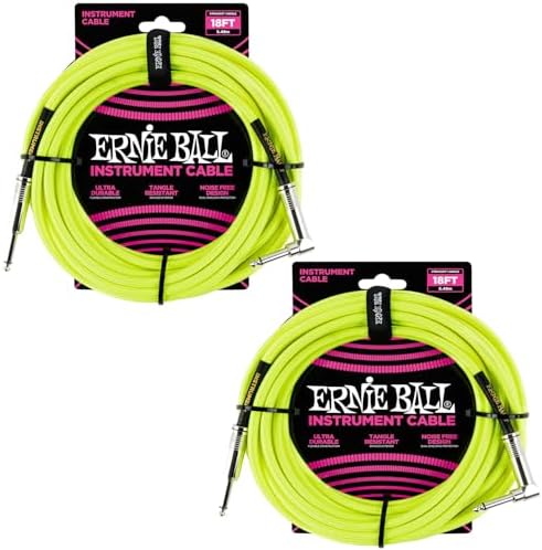 Ernie Ball Braided Instrument Cable Set Straight/Angle Length 18ft in Neon Yellow (P06085) - Pack of 2 Ernie Ball