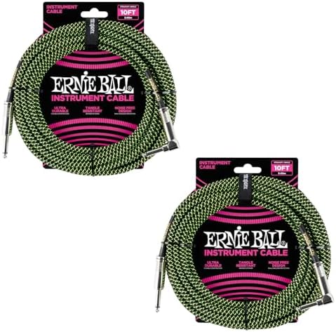 Ernie Ball Braided Instrument Cable Straight Angle 10 Feet Neon Green Black P06077 Pack of 2 Ernie Ball