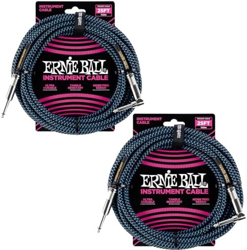 Ernie Ball Braided Instrument Cable Set Straight/Angle Length 25ft in Blue/Black (P06060) - Pack of 2 Ernie Ball