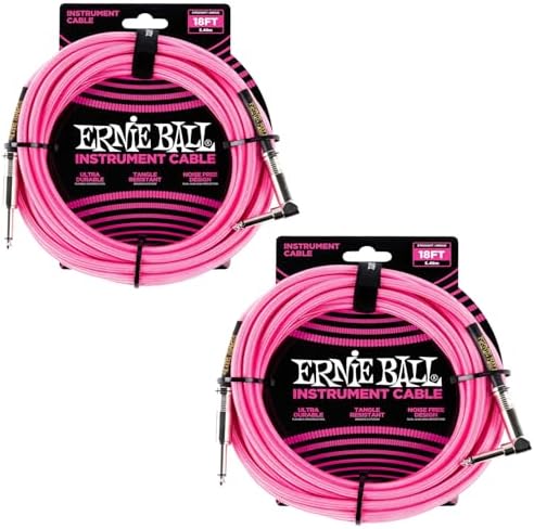 Ernie Ball Braided Instrument Cable Set Straight/Angle Length 18ft in Neon Pink (P06083) - Pack of 2 Ernie Ball