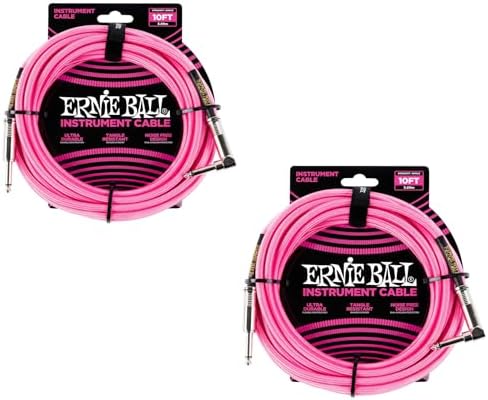 Ernie Ball Braided Instrument Cable Set Straight/Angle Length 10ft in Neon Pink (P06078) - Pack of 2 Ernie Ball