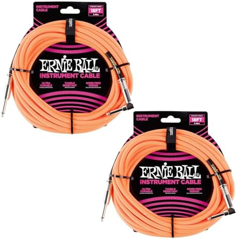 Ernie Ball Braided Instrument Cable Set Straight/Angle Length 18ft in Neon Orange (P06084) - Pack of 2 Ernie Ball