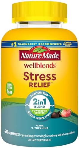 Nature Made Wellblends Stress Relief Gummies, L theanine 200mg to Help Reduce Stress, with GABA 100mg, Same Day Stress Support, 40 Strawberry Flavor Gummies Nature Made