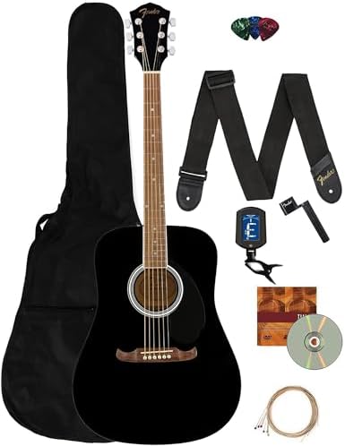 Fender FA-125 Dreadnought Acoustic Guitar - Black Bundle with Gig Bag, Tuner, Strap, Strings, Picks, and Austin Bazaar Instructional DVD Fender