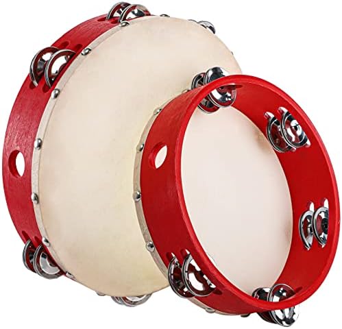 Foraineam 2 Pieces (8 Inch and 10 Inch) Wood Handheld Tambourine Drum, Double Row Metal Jingle Bells Wooden Tambourines Musical Percussion Instrument, Red Foraineam