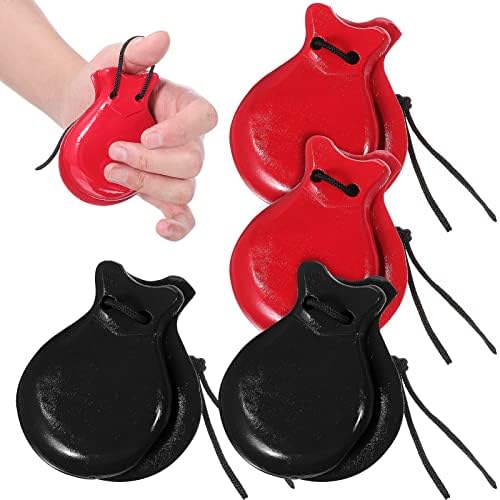 Vaguelly Spanish Castanets, 2 Pairs Flamenco Dance Castanets with String, Wooden Percussion Orff Music Instrument for Adults, Kids, red+black Vaguelly