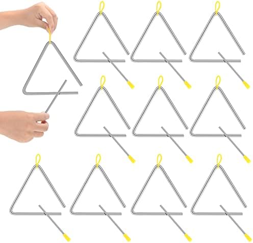 10 Pcs Musical Steel Triangle Percussion Instrument with Striker Rhythm Triangle Instrument Hand Percussion Triangles for Kids Adults (6 Inch) Yeshone