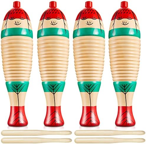 4 Sets Christmas Fish Shaped Guiro Instrument Wood Fish Shape Guiro Colorful Hand Percussion Instrument with Rhythm Sticks Musical Instruments for Adults Xmas Gifts Amylove