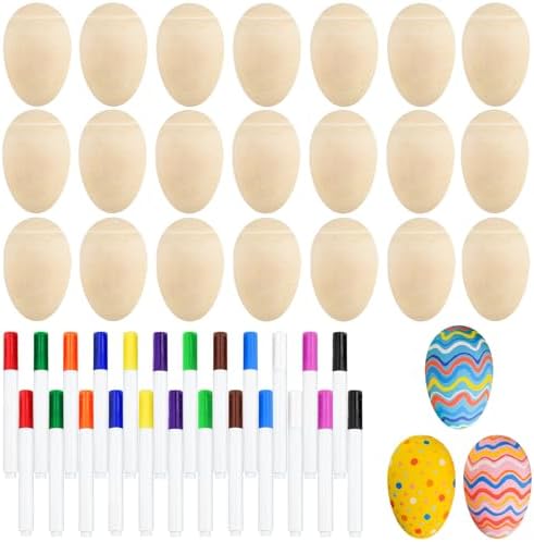 Morcheiong 12 Pcs Wooden Egg Shakers, DIY Egg Shakers Musical Instruments Set with 12 Pcs Multicolor Pens, Egg Maracas Easter Egg Favors for Kids Morcheiong