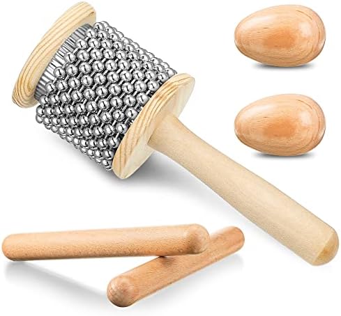 Nuanchu 5 Pcs Wooden Hand Percussion Instrument Set Mini Wooden Cabasa with Stainless Steel Breads Musical Latin Instrument Classical Wood Percussion Claves Rhythm Sticks Egg Shakers for Adult Nuanchu