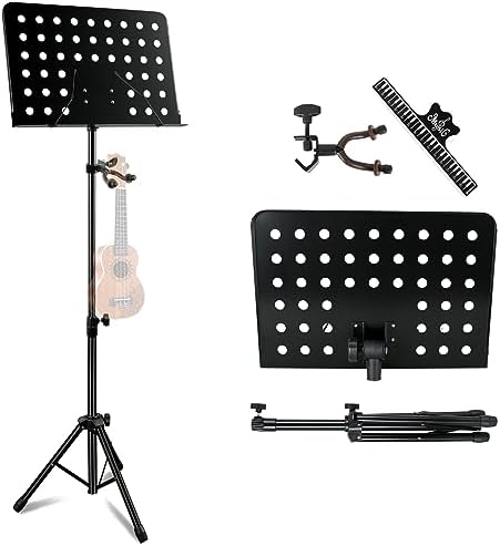 EASTROCK Metal Sheet Music Stand with Violin Ukulele Hanger Holder – Adjustable Music Stand, Professional Music Book Holder, and Sheet Music Clip EASTROCK