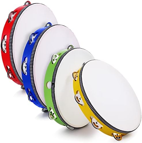 4 Pcs Tambourines for Adults 10 Inch Hand Held Drum Bell Birch Metal Jingles Single Row Wooden Tambourine Rhythm Educational Musical Instrument Percussion for Church KTV Party Gifts Konohan