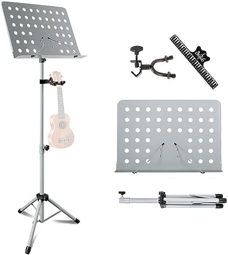 EASTROCK Metal Sheet Music Stand with Violin Ukulele Hanger Holder – Adjustable Music Stand, Professional Music Book Holder, and Sheet Music Clip EASTROCK