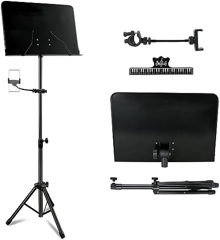 EASTROCK Black Metal Sheet Music Stand - Adjustable Music Stand with Mobile Phone Holder, Professional Music Book Holder, and Sheet Music Clip EASTROCK