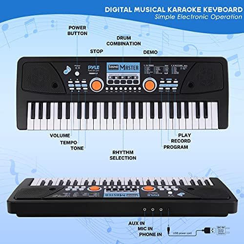 Pyle Electric Keyboard Piano - 49-Key Portable Digital Karaoke Piano with Stereo Speakers, Rechargeable Battery, and Wired Microphone for Beginners, Kids, Adults - 8 Rhythms, 16 Tones Pyle