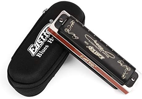 Easttop Professional Harmonica Blues Key of D 10 Hole 20 Tone Heavy Duty with Case & Cleaning Cloth for Professional Player,Beginner,by Eison-East Top,Black,Great Christmas Gift Eison