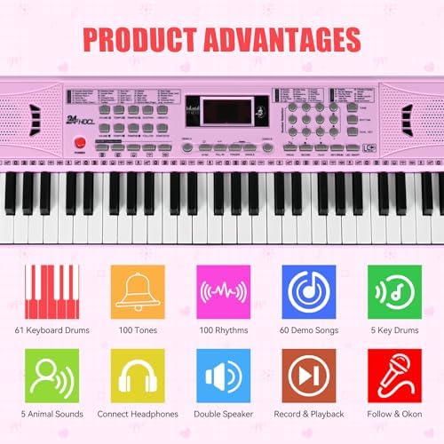 Electric Piano Keyboard, Digital 61 Key Piano Keyboard Kids with Speaker Microphone & Music Sheet Stand, Gift for Children Early Education Beginners, Pink 24Hocl