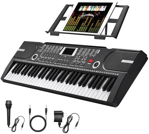 61 Key Keyboard Piano, Portable Electronic Keyboard Piano for Beginners with Speakers, Microphone, Sheet Music Stand, 100 Voices, 100 Rhythms, Digital Music Keyboard for Beginners HERTMUN