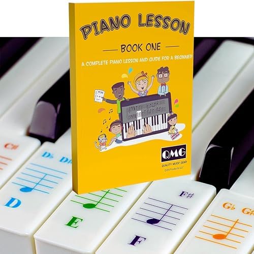 QMG Color Piano and Keyboard Stickers and Complete Color Note Piano Music Lesson and Guide Book for Kids and Beginners QMG