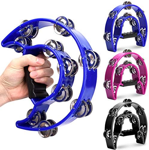 Facmogu 3Pack Half Moon Handheld Tambourine, Double Row Tambourine Metal Jingles Hand Held Percussion Instrument - Black, Royal Blue, Magenta Facmogu