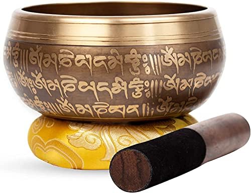 Large Tibetan Singing bowl Set - Bronze Style - Easy To Play - 5" Sound Yoga Bowl Mantra Design Mindfulness Meditation Healing Sound Gift By Himalayan Bazaar HIMALAYAN BAZAAR