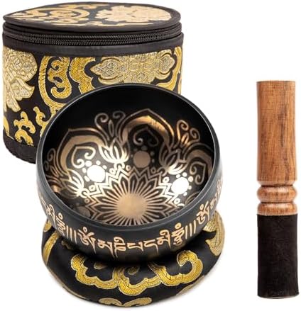 Tibetan Singing Bowl Set - 4" Easy To Play Authentic Handmade For Meditation Sound 7 Chakra Healing By HIMALAYAN BAZAAR (Black with Box, 4") HIMALAYAN BAZAAR