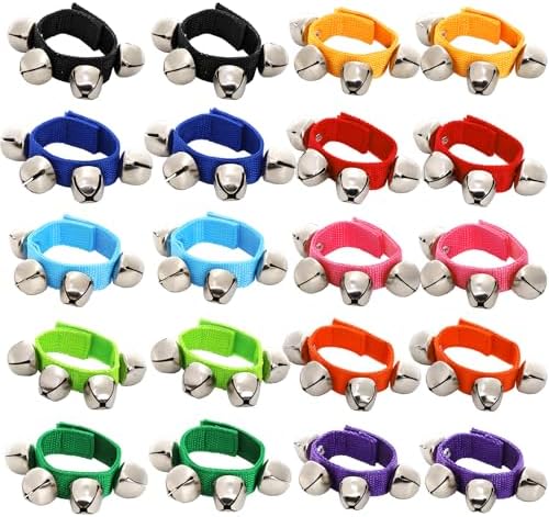 Foraineam 20 PCS 10 Colors Wrist Bells Bracelets Ankle Jingle Bell Band Party Favors Wristband Musical Tambourine Rhythm Percussion Instrument Foraineam