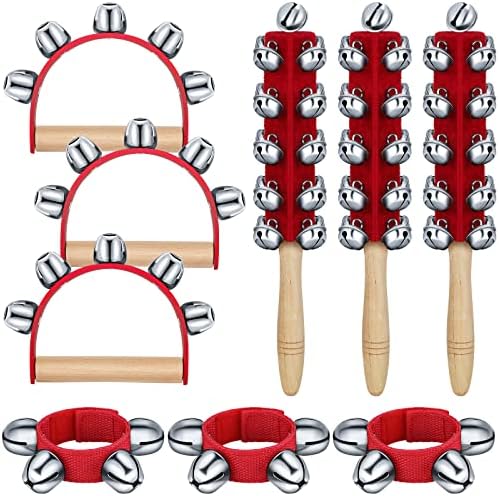 9 Pcs Christmas Hand Jingle Bells Wooden Hand Sleigh Bells Wrist Band Jingle Bells Jingle Shaker Bells with Wooden Grip Musical Bell Instruments Handheld Bells for Birthday Party Favors Yeshone