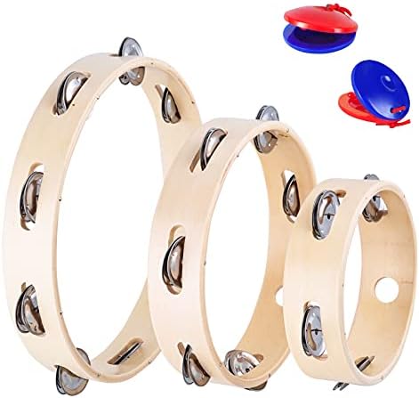 EASTROCK Tambourine for Adults Hand Held Tambourine Ring 3 Packs Wooden Tambourine Metal Jingles Percussion Instrument Single Row Hand Tambourines for Kids KTV Party EASTROCK