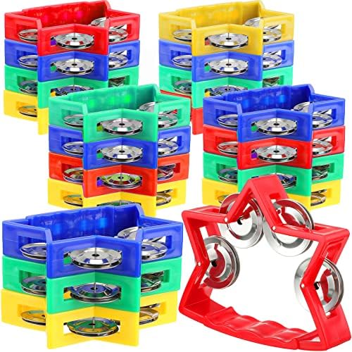 20 Pack Plastic Percussion Tambourine for Kids Noise Makers Tambourine Handheld Tambourines Musical Percussion Instrument with Jingle Bells for Kids Adults, 4 Colors Yeshone