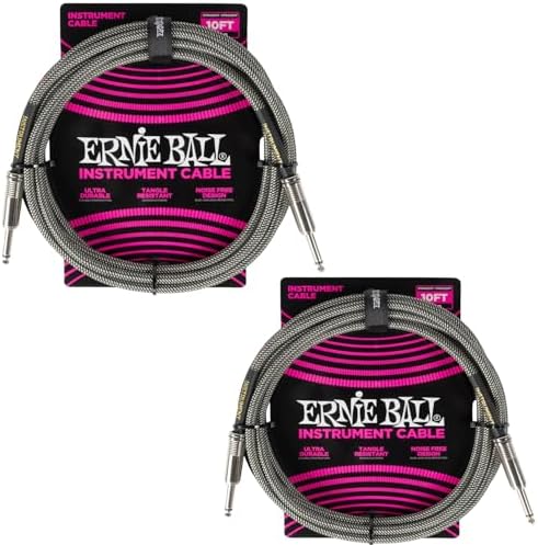 Ernie Ball Braided Instrument Cable Set Straight/Straight Lenght 10ft in Silver Fox (P06429) - Pack of 2 Ernie Ball