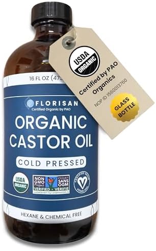 Organic Castor Oil Cold Pressed Hexane Free, USDA Certified, Premium Organic Castor Oil for Hair Growth, Skin, Eyebrows and Eyelashes, 100% Pure Organic Castor Oil for Fuller Hair, 16 fl oz Florisan