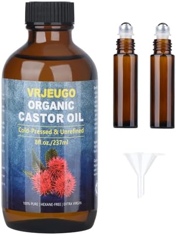 Organic Castor Oil for Face Roll On，Rollerball Castor Oil, Deep Hydration for Skin Care and Hair, Castor Oil Organic Cold Pressed Unrefined Glass Bottle 8oz with 2 Roller VRJEUGO