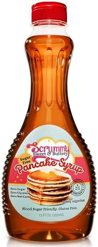 Scrummy Sweet & Buttery Sugar Free Pancake Syrup - Zero Sugar, 0g Net Carbs, Diabetic Friendly, Keto Certfied Breakfast Syrup for Pancakes, Waffles & Chaffles, No Sugar Alcohols, Vegan, Kosher, Gluten Free, Non-GMO Allulose & Organic Flavors - 12 Fl Oz Bottle Scrummy