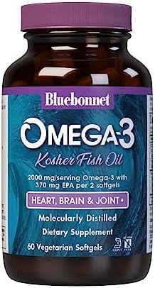 Bluebonnet Nutrition Omega-3 Kosher Fish Oil, Natural Triglyceride Form, Gluten-Free, Dairy-Free, Kosher Certified, Non-GMO, 3rd Party Tested, Molecularly Distilled, 60 Vegetarian Softgel, 30 Serving Bluebonnet