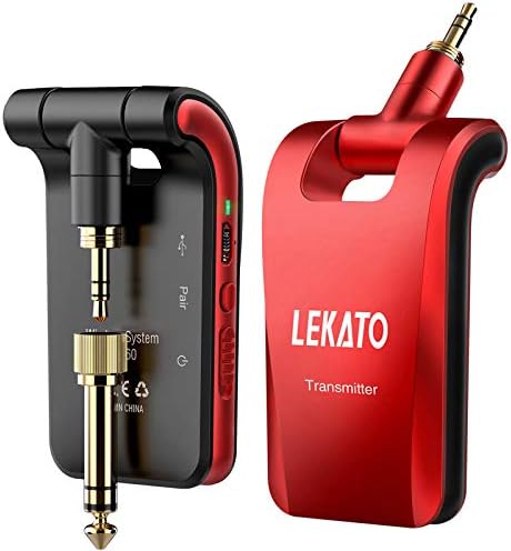 LEKATO Wireless Guitar System 2.4GHz Rechargeable Audio Wireless Transmitter Receiver 6 Channels for Guitar Bass Electric Instruments, Stereo and Mono 1/4” & 1/8” 2 in 1 Plugs,Black(WS-60) LEKATO