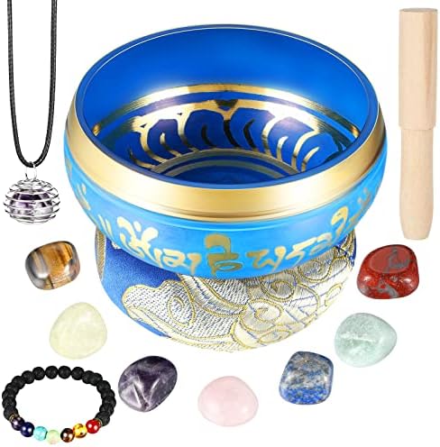 BBTO Tibetan Singing Bowls Set for Healing 3.4'' Meditation Sound Bath Bowl 7 pcs Chakra Crystal Stones Mallet Cushion Chakra Bracelet Pendant(Black) Bbto