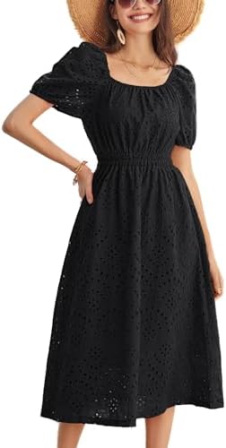 GRACE KARIN Women's Eyelet Dresses Summer Square Neck Short Puff Sleeve Casual A Line Boho Midi Dress Grace Karin