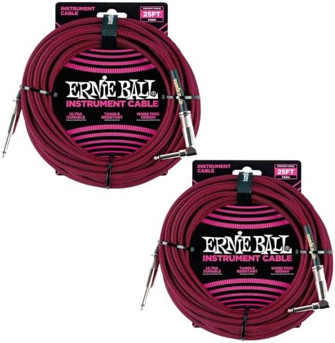 Ernie Ball Braided Instrument Cable Set Straight/Angle Length 25ft in Red/Black (P06062) - Pack of 2 Ernie Ball