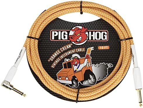 Pig Hog PCH102OCR Orange Creme 2.0-inch Instrument Cable Right Angle 1/4"-1/4" Right Angle Connectors 10-Feet Woven Outer Covering Pig Hog