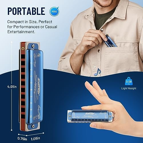 East top Diatonic Harmonica Key of A, 10 Holes 20 Tones 008K Diatonic Blues Harp Mouth Organ Harmonica with Blue Case,Standard Harmonica For Adults, Professionals and Students East top