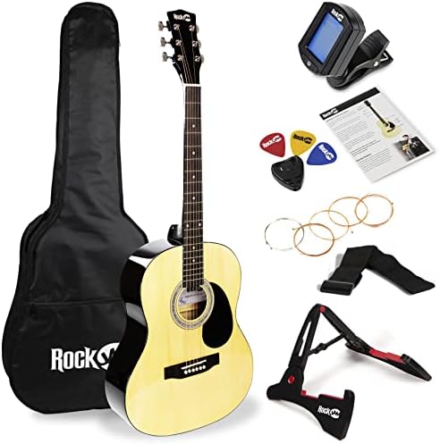 RockJam Acoustic Guitar Superkit Includes Stand, Gig Bag, Tuner, Picks, Plectrum Holder, Spare Strings & Online Lessons 6 Pack, Right, Black, Full (RJW-101-BK-PK) RockJam