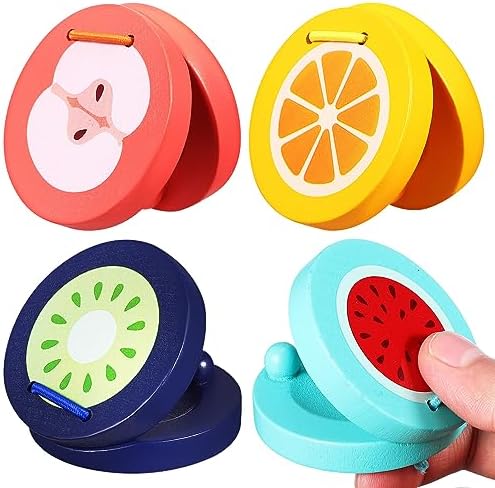 Vaguelly Finger Castanets, 4pcs Wooden Castanets, Finger Clappers, Cartoon Fruit Castanets Early Education Percussion Instrument for Favors Party Classroom Vaguelly