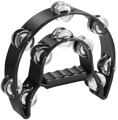 Flexzion Tambourine Metal Half Moon Musical Instruments Double Row Metal Jingles Hand Held Instruments Percussion with Ergonomic Handle Grip, Tambourines for Adults Church, Black Flexzion