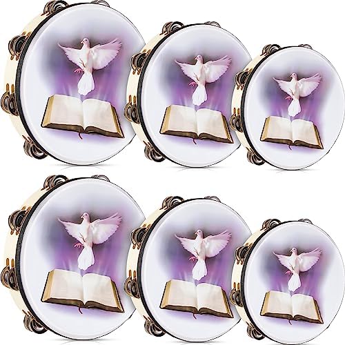 Boao 6 Pack tambourines 6 8 10 in Dove Bible Tambourine for Adults with Double Row Jingle Hand Held Tambourine Music Percussion Church Percussion Musical Instrument Handbell Clap Drum(Black) Boao