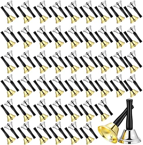 Fumete 100 Pcs Metal Ringing Bells Wedding Bells Dinner Service Call Bell Steel Handbells with Wooden Handle for Wedding Decors Schools Musical Percussion The Sick Elderly Alert(Gold) Fumete