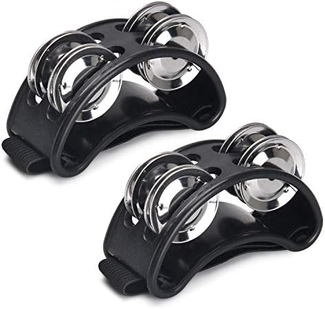 Facmogu 2PCS Foot Tambourine Percussion, Musical Instrument Percussion Pedal with Steel Jingle Bells for Drum & Guitar Playing, Foot Percussion Shakers with Elastic Strap for Adults - Black Facmogu