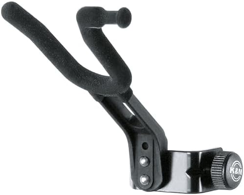 K&M Konig & Meyer 15580.000.55 Violin/Mandolin/Ukulele Holder | Tube Screw-On Mount | Rubber Support Arms | Sturdy Steel Clamp | Integrated Bow Holder | Pro Grade for Musicians | German Made | Black K&M