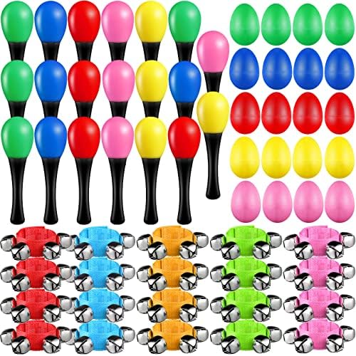 60 Pcs Shaker Musical Instruments Kids Music Party Favor Baby Learning Percussion Toy, Including 20 Pcs Wrist Hand Band Jingle Bells, 20 Pcs Egg Shakers and 20 Pcs Maracas Rattle Shaker Sand Hammers Yeshone